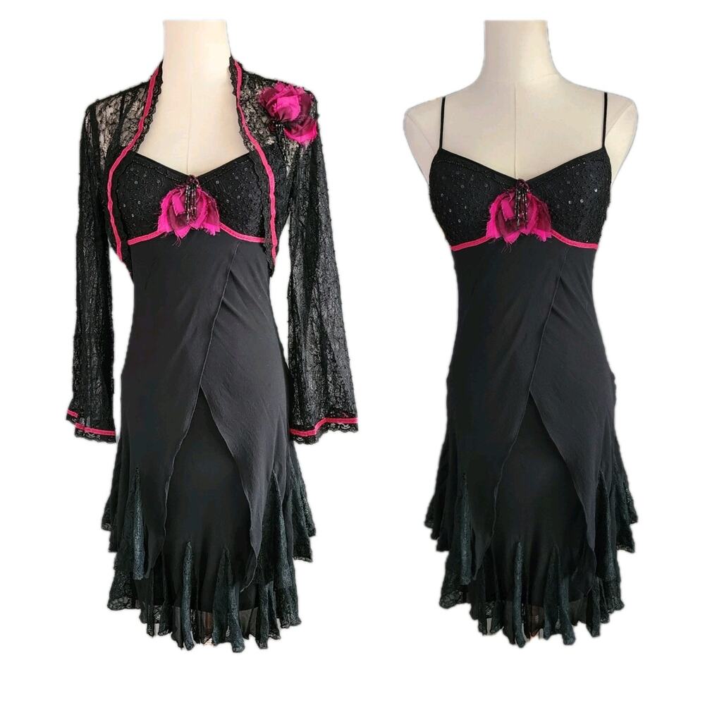 Sue Wong Black Beaded Chiffon Slip Dress Size 2 & Lace Crop Bolero Shrug Sz 8